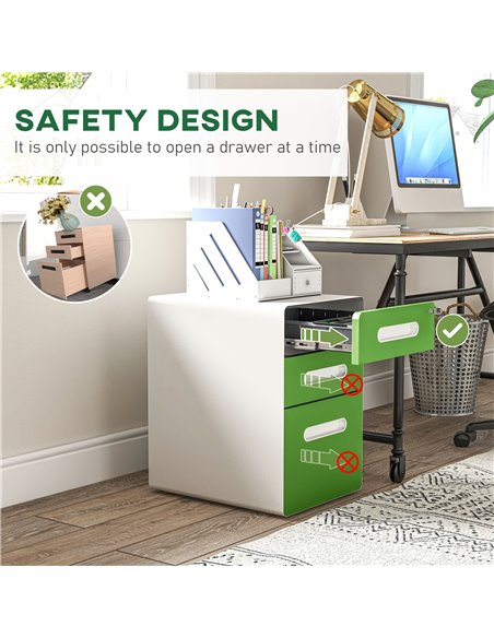 Vinsetto 3 Drawer Filing Cabinet, Steel Lockable File Cabinet with Lock and Wheels, for A4, Letter, Legal Sized Files, Green 924 - pic 106224 | FastDaddyshop