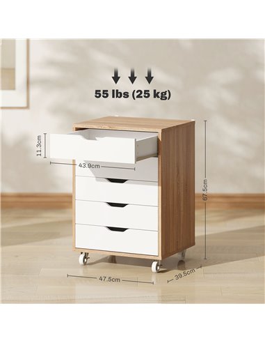 Vinsetto Five-Drawer Filing Cabinet, with Wheels - Oak Brown 924-045V80AK