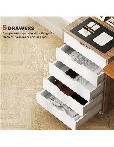 Vinsetto Five-Drawer Filing Cabinet, with Wheels - Oak Brown 924-045V80AK