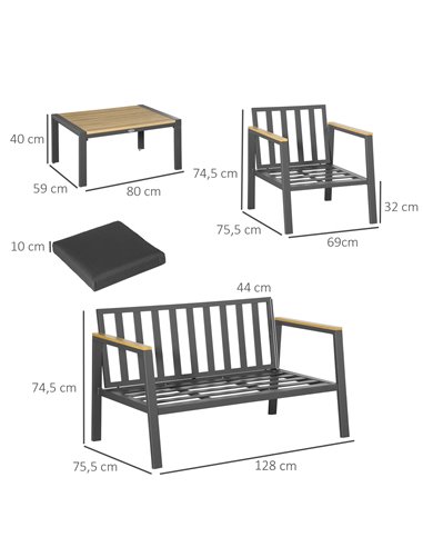 Outsunny 4 Piece Garden Sofa Set with Padded Cushions, 4-Seater Aluminium Outdoor Conversation Furniture Set with Coffee Table, 