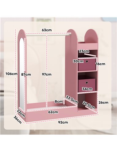 AIYAPLAY Kids Clothes Rail with Storage Shelf, Boxes, Mirror for Bedroom, Nursery, Pink 316-016V80PK