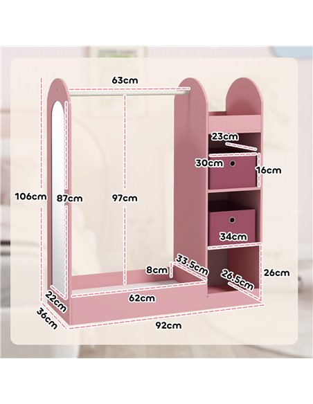 AIYAPLAY Kids Clothes Rail with Storage Shelf, Boxes, Mirror for Bedroom, Nursery, Pink 316-016V80PK - pic 106327 | FastDaddyshop