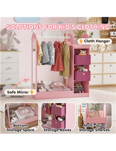 AIYAPLAY Kids Clothes Rail with Storage Shelf, Boxes, Mirror for Bedroom, Nursery, Pink 316-016V80PK