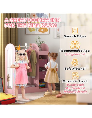 AIYAPLAY Kids Clothes Rail with Storage Shelf, Boxes, Mirror for Bedroom, Nursery, Pink 316-016V80PK