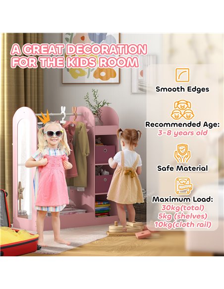AIYAPLAY Kids Clothes Rail with Storage Shelf, Boxes, Mirror for Bedroom, Nursery, Pink 316-016V80PK - pic 106330 | FastDaddyshop