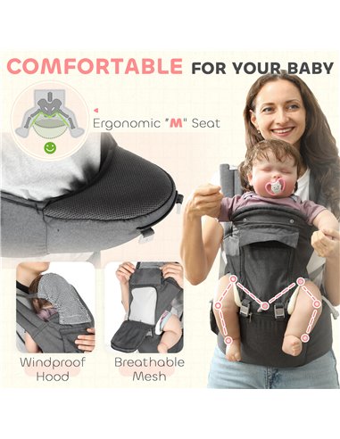 AIYAPLAY 6-in-1 Baby Carrier for Newborns-Toddlers, with Removable Seat, for Ages 0-36 Months, Up to 15kg, Grey 430-005V00GY