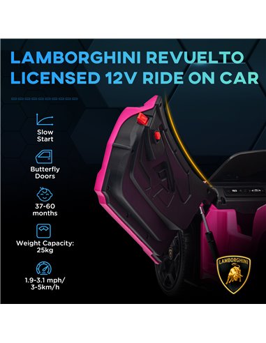 AIYAPLAY Lamborghini Revuelto Licensed 12V Ride on Car w/ Butterfly Doors, Transport Wheels, Suspension, Remote Control, Pink 37