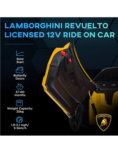 AIYAPLAY Lamborghini Revuelto Licensed 12V Ride on Car w/ Butterfly Doors, Transport Wheels, Suspension, Remote Control, Yellow 