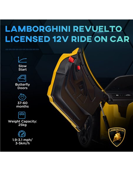 AIYAPLAY Lamborghini Revuelto Licensed 12V Ride on Car w/ Butterfly Doors, Transport Wheels, Suspension, Remote Control, Yellow  - pic 106373 | FastDaddyshop