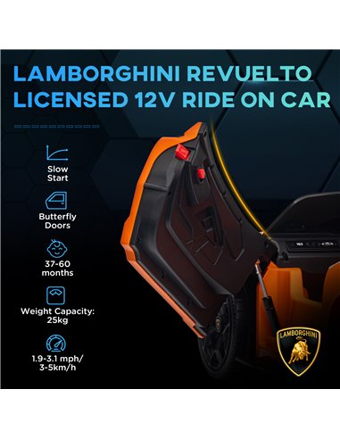 AIYAPLAY Lamborghini Revuelto Licensed 12V Ride on Car w/ Butterfly Doors, Transport Wheels, Suspension, Remote Control, Orange 