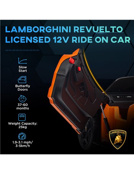 AIYAPLAY Lamborghini Revuelto Licensed 12V Ride on Car w/ Butterfly Doors, Transport Wheels, Suspension, Remote Control, Orange  - pic 106382 | FastDaddyshop