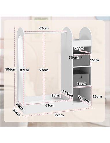 AIYAPLAY Kids Clothes Rail with Storage Shelf, Boxes, Mirror for Bedroom, Nursery, White 316-016V80WT