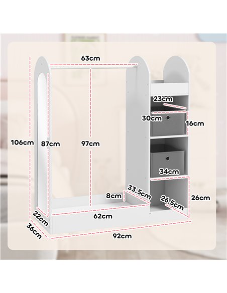 AIYAPLAY Kids Clothes Rail with Storage Shelf, Boxes, Mirror for Bedroom, Nursery, White 316-016V80WT - pic 106399 | FastDaddyshop