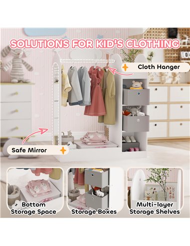 AIYAPLAY Kids Clothes Rail with Storage Shelf, Boxes, Mirror for Bedroom, Nursery, White 316-016V80WT