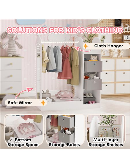 AIYAPLAY Kids Clothes Rail with Storage Shelf, Boxes, Mirror for Bedroom, Nursery, White 316-016V80WT - pic 106400 | FastDaddyshop