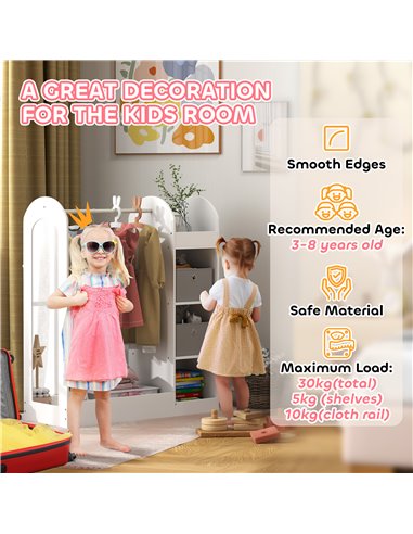 AIYAPLAY Kids Clothes Rail with Storage Shelf, Boxes, Mirror for Bedroom, Nursery, White 316-016V80WT