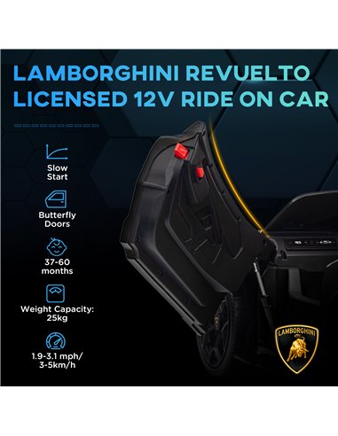 AIYAPLAY Lamborghini Revuelto Licensed 12V Ride on Car w/ Butterfly Doors, Transport Wheels, Suspension, Remote Control, Black 3