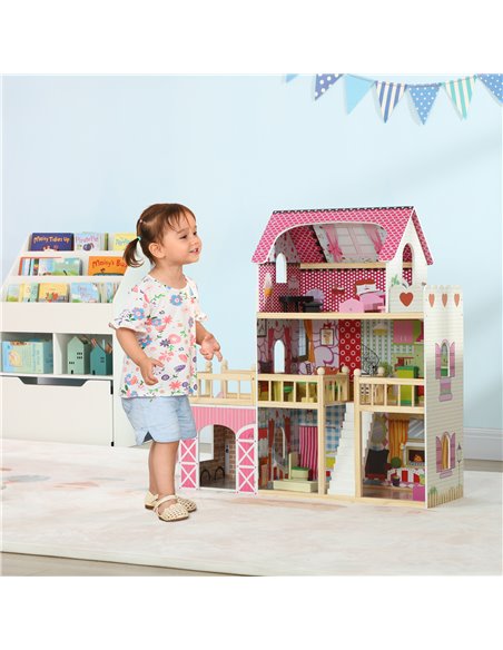AIYAPLAY 3 Storey Dolls House Play Set with 13 Pieces Wooden Furniture and Accessories for 3-6 Years 350-176V80PK - pic 106479 | FastDaddyshop