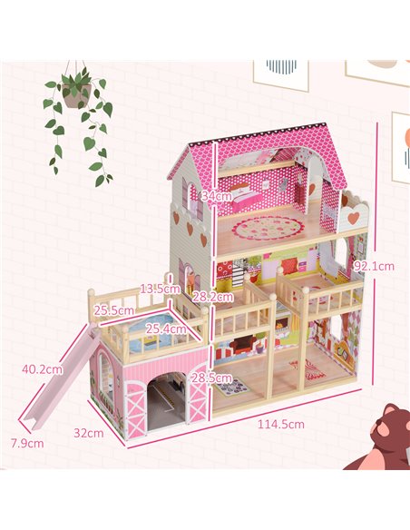 AIYAPLAY 3 Storey Dolls House Play Set with 13 Pieces Wooden Furniture and Accessories for 3-6 Years 350-176V80PK - pic 106480 | FastDaddyshop