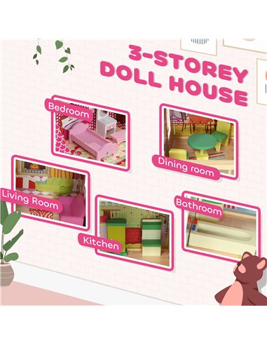 AIYAPLAY 3 Storey Dolls House Play Set with 13 Pieces Wooden Furniture and Accessories for 3-6 Years 350-176V80PK