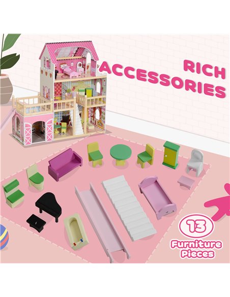 AIYAPLAY 3 Storey Dolls House Play Set with 13 Pieces Wooden Furniture and Accessories for 3-6 Years 350-176V80PK - pic 106483 | FastDaddyshop