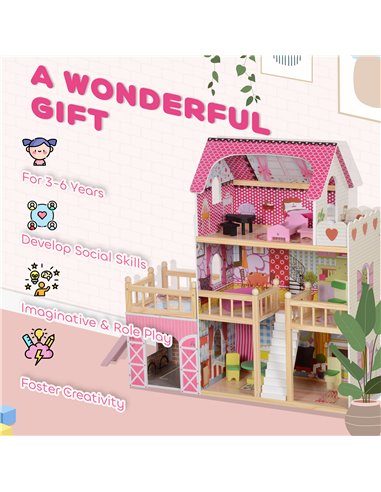 AIYAPLAY 3 Storey Dolls House Play Set with 13 Pieces Wooden Furniture and Accessories for 3-6 Years 350-176V80PK