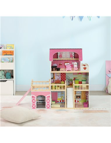 AIYAPLAY 3 Storey Dolls House Play Set with 13 Pieces Wooden Furniture and Accessories for 3-6 Years 350-176V80PK