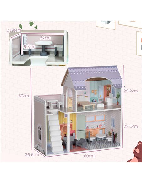 AIYAPLAY 2 Storey Dolls House with 13 Pieces Furniture, Play Set with Balcony, Gift for 3-6 Years Old 350-175V00MX - pic 106489 | FastDaddyshop