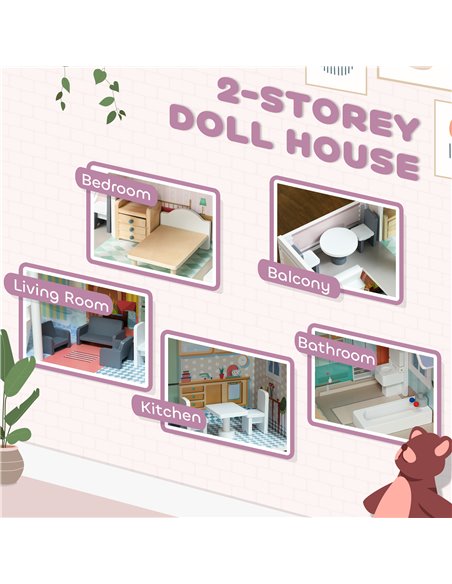 AIYAPLAY 2 Storey Dolls House with 13 Pieces Furniture, Play Set with Balcony, Gift for 3-6 Years Old 350-175V00MX - pic 106490 | FastDaddyshop