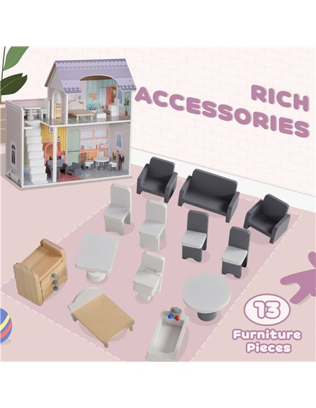 AIYAPLAY 2 Storey Dolls House with 13 Pieces Furniture, Play Set with Balcony, Gift for 3-6 Years Old 350-175V00MX - pic 106491 | FastDaddyshop