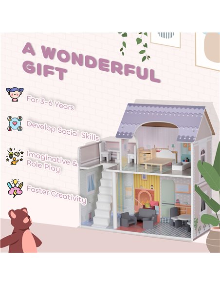 AIYAPLAY 2 Storey Dolls House with 13 Pieces Furniture, Play Set with Balcony, Gift for 3-6 Years Old 350-175V00MX - pic 106492 | FastDaddyshop