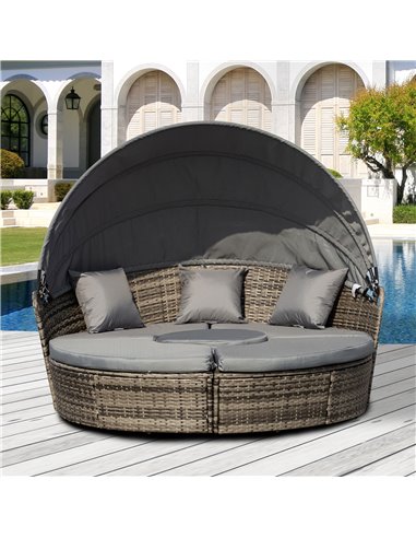 Outsunny Rattan Garden Furniture Cushioned Wicker Round Sofa Bed with Coffee Table Patio Conversation Furniture Set - Grey