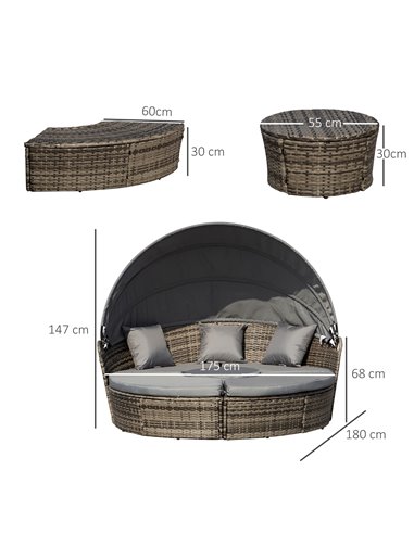 Outsunny Rattan Garden Furniture Cushioned Wicker Round Sofa Bed with Coffee Table Patio Conversation Furniture Set - Grey
