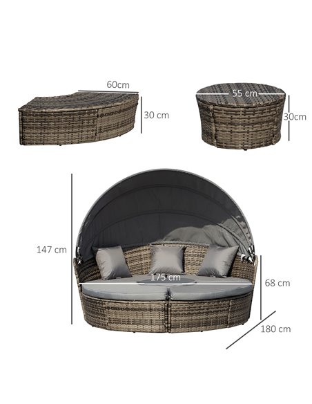 Outsunny Rattan Garden Furniture Cushioned Wicker Round Sofa Bed with Coffee Table Patio Conversation Furniture Set - Grey - pic 10658 | FastDaddyshop