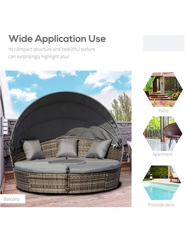 Outsunny Rattan Garden Furniture Cushioned Wicker Round Sofa Bed with Coffee Table Patio Conversation Furniture Set - Grey