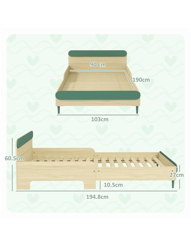 AIYAPLAY Toddler Bed with Safety Rail for Ages 3-10 Years, 195 x 103 x 60.5cm, Green 313-017V00GN