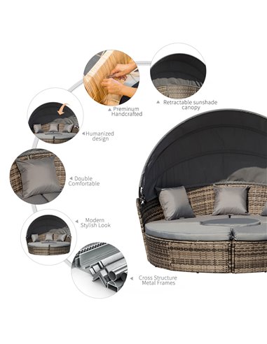 Outsunny Rattan Garden Furniture Cushioned Wicker Round Sofa Bed with Coffee Table Patio Conversation Furniture Set - Grey