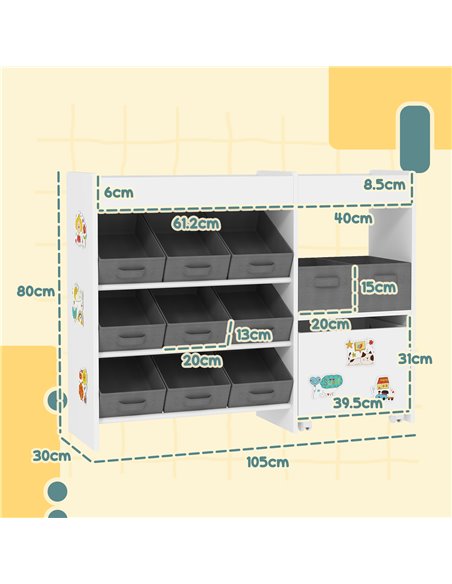 AIYAPLAY Kids Toy Storage Unit with 11 Bins, Cabinet, Top Shelves, 3 Stickers, for Nursery, Playroom, Kindergarten, White 311-08 - pic 106606 | FastDaddyshop