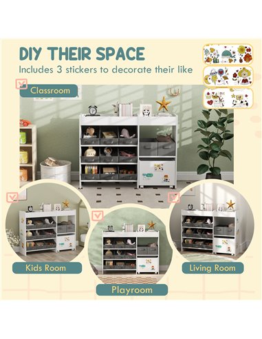 AIYAPLAY Kids Toy Storage Unit with 11 Bins, Cabinet, Top Shelves, 3 Stickers, for Nursery, Playroom, Kindergarten, White 311-08