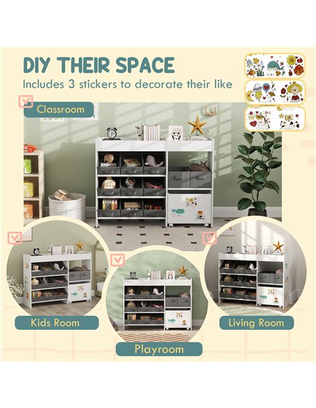 AIYAPLAY Kids Toy Storage Unit with 11 Bins, Cabinet, Top Shelves, 3 Stickers, for Nursery, Playroom, Kindergarten, White 311-08 - pic 106609 | FastDaddyshop
