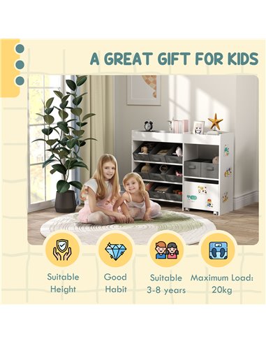 AIYAPLAY Kids Toy Storage Unit with 11 Bins, Cabinet, Top Shelves, 3 Stickers, for Nursery, Playroom, Kindergarten, White 311-08