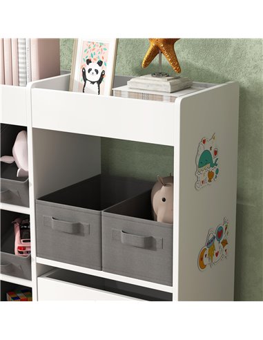 AIYAPLAY Kids Toy Storage Unit with 11 Bins, Cabinet, Top Shelves, 3 Stickers, for Nursery, Playroom, Kindergarten, White 311-08