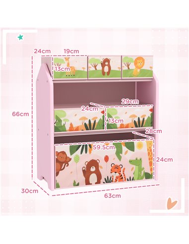 AIYAPLAY 3-Tier Kids Toy Storage Unit with 6 Removable Storage Boxes, for Playroom, Bedroom, Children's Room, Nursery, Pink 311-
