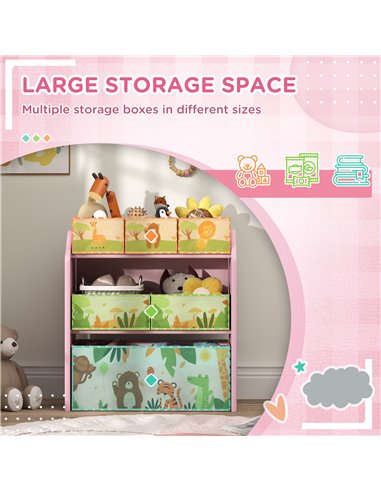 AIYAPLAY 3-Tier Kids Toy Storage Unit with 6 Removable Storage Boxes, for Playroom, Bedroom, Children's Room, Nursery, Pink 311-