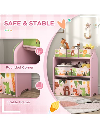 AIYAPLAY 3-Tier Kids Toy Storage Unit with 6 Removable Storage Boxes, for Playroom, Bedroom, Children's Room, Nursery, Pink 311-