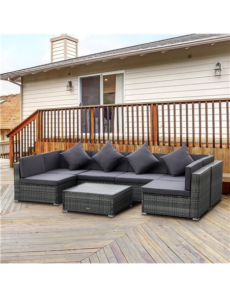 Outsunny 7 Pieces Patio Wicker Sofa Set, Outdoor PE Rattan Sectional Furniture Set w/ Acacia Table Top & Cushion for Garden, Bac - pic 10665 | FastDaddyshop