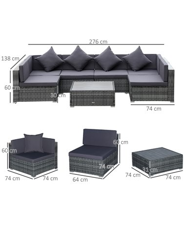 Outsunny 7 Pieces Patio Wicker Sofa Set, Outdoor PE Rattan Sectional Furniture Set w/ Acacia Table Top & Cushion for Garden, Bac