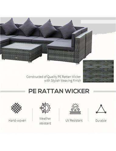 Outsunny 7 Pieces Patio Wicker Sofa Set, Outdoor PE Rattan Sectional Furniture Set w/ Acacia Table Top & Cushion for Garden, Bac
