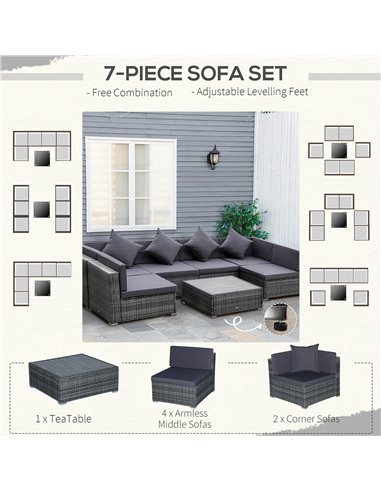Outsunny 7 Pieces Patio Wicker Sofa Set, Outdoor PE Rattan Sectional Furniture Set w/ Acacia Table Top & Cushion for Garden, Bac