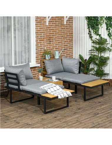 Outsunny 3 Pieces Patio Furniture Set, Outdoor Garden Sofa Conversation Set w/ Padded Cushions, Wood Grain Plastic Top Table and